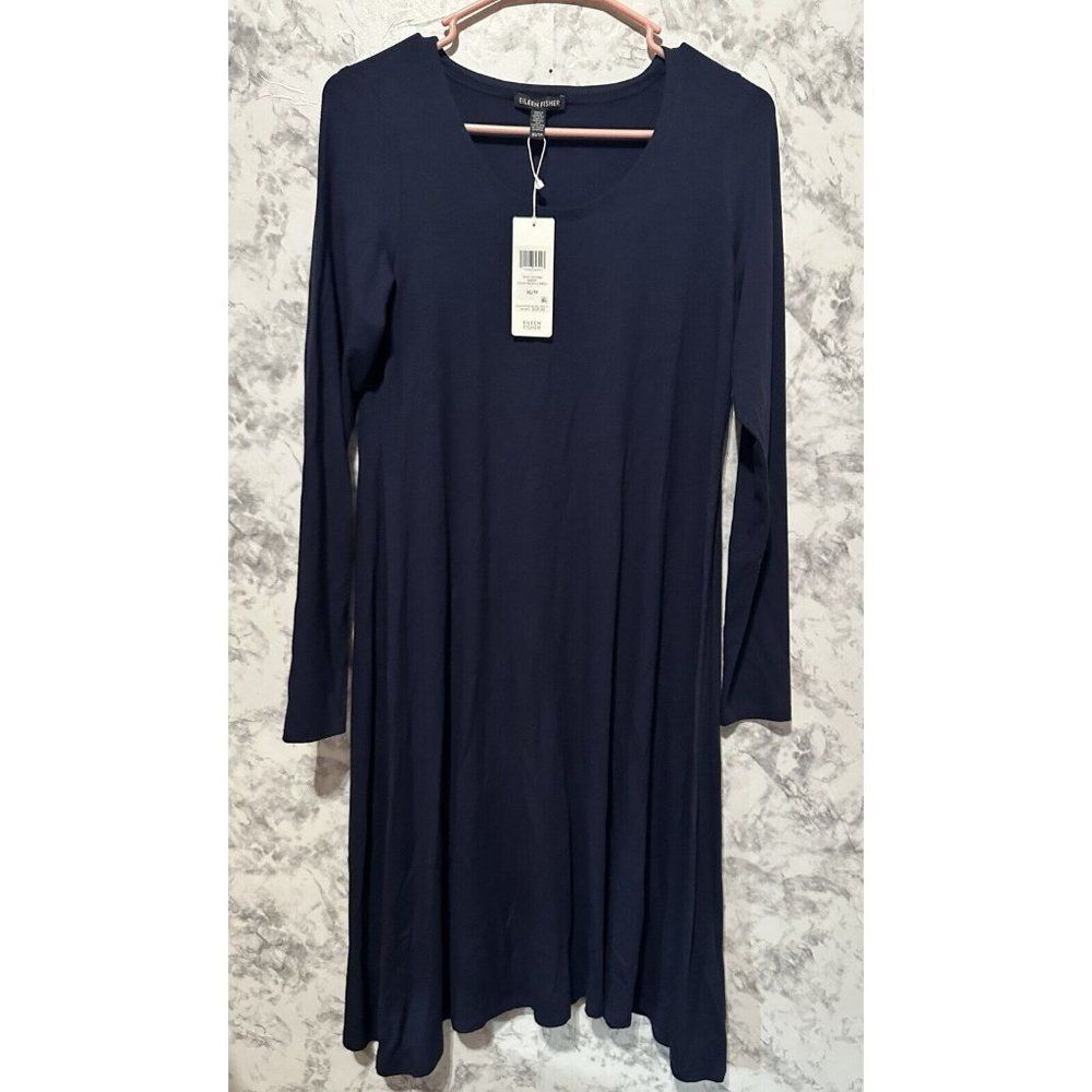 EILEEN FISHER Scoop-neck Jersey Midi Dress Midnight Blue  Long Sleeve XS